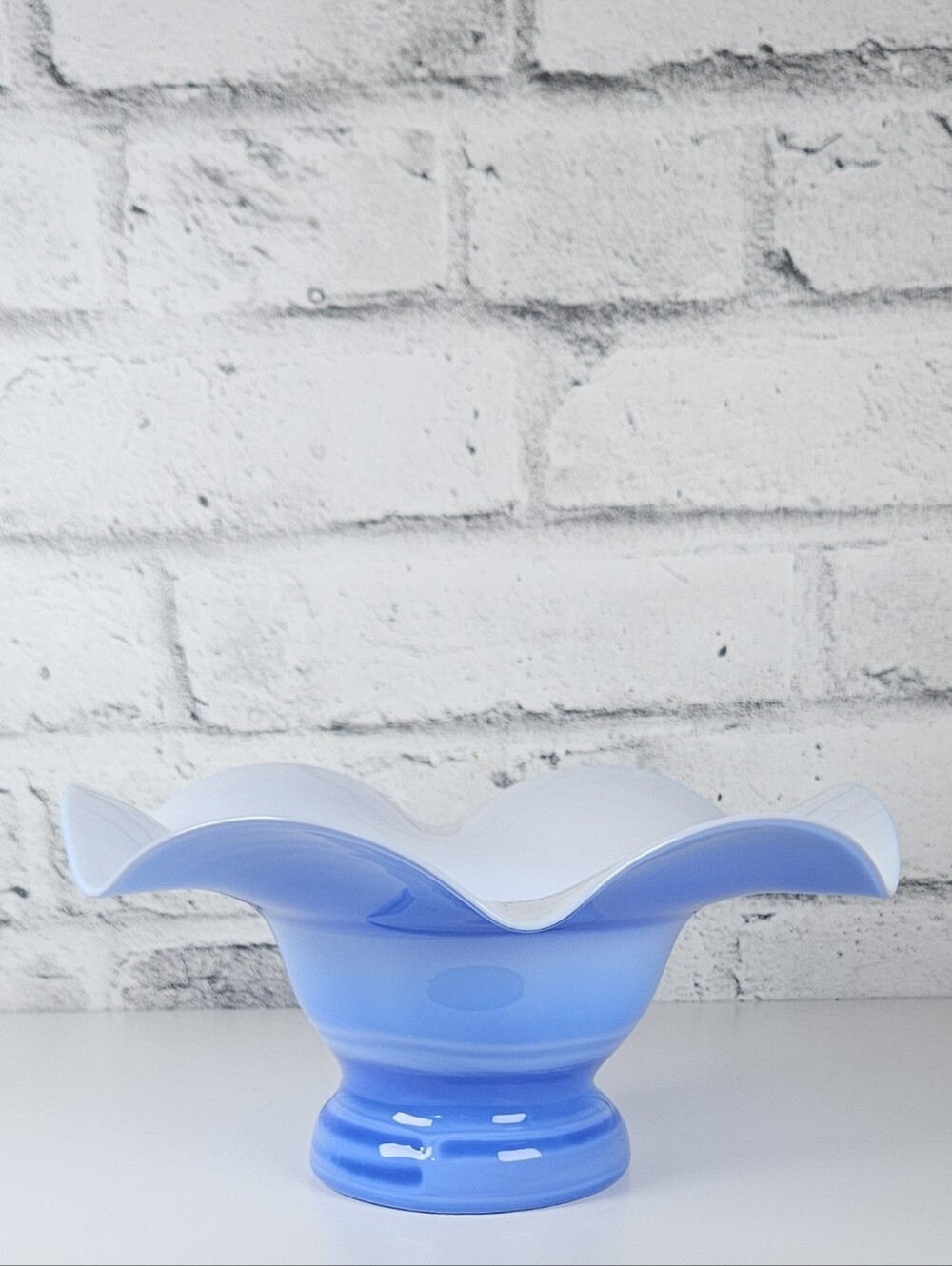 Vintage Blue Opalescent Art Glass Ruffled Pedestal Bowl